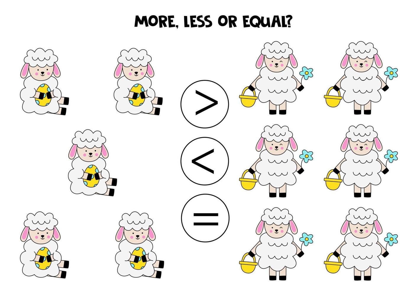 More, less, equal with cute Easter sheep. vector