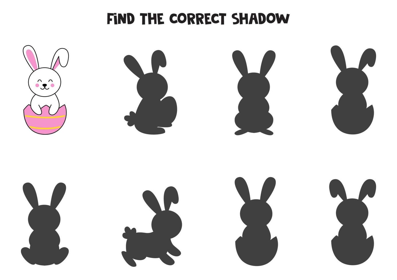 Find the correct shadows of cute Easter bunny. Logical puzzle for kids. vector