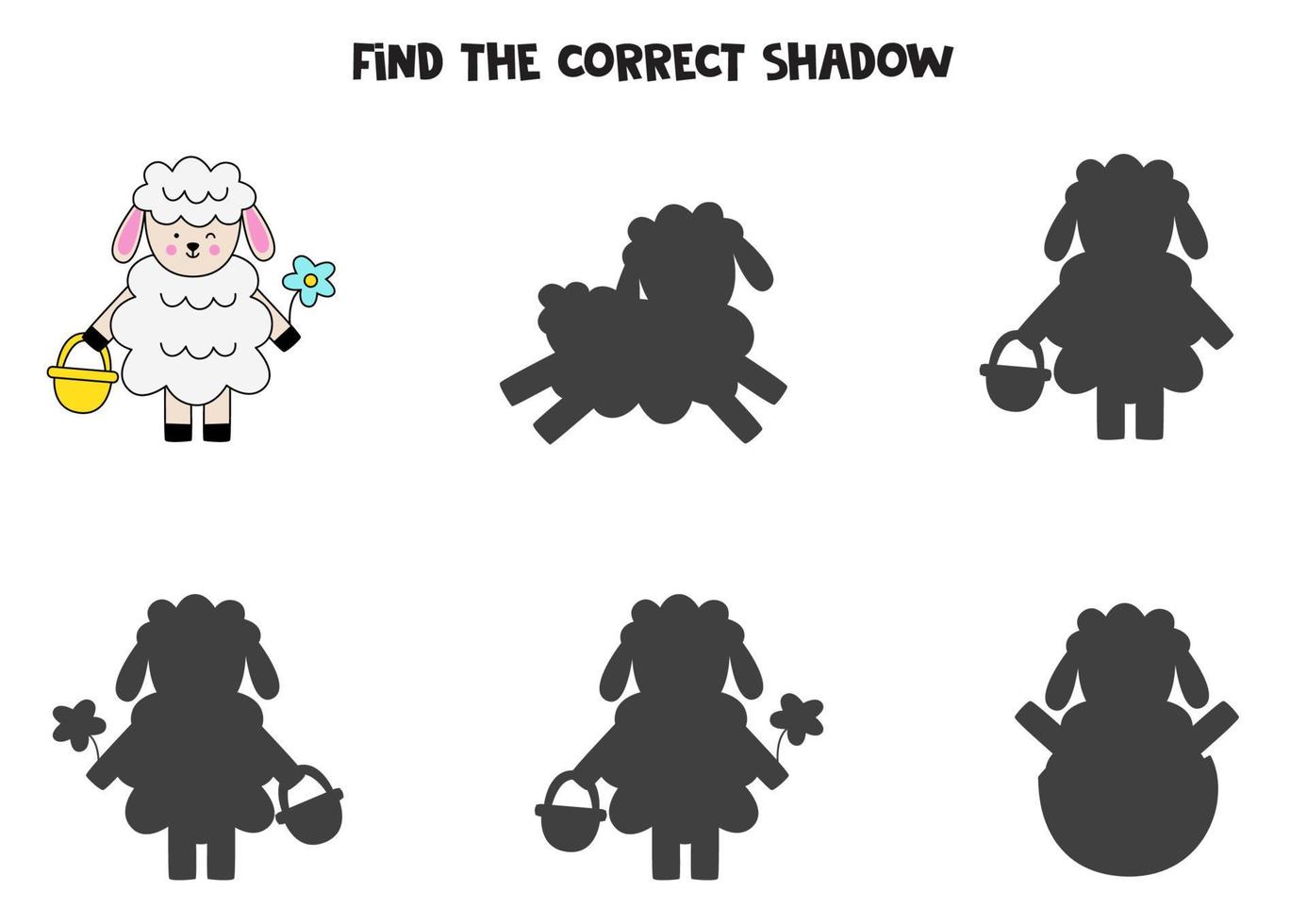 Find the correct shadows of cute Easter lamb. Logical puzzle for kids. vector
