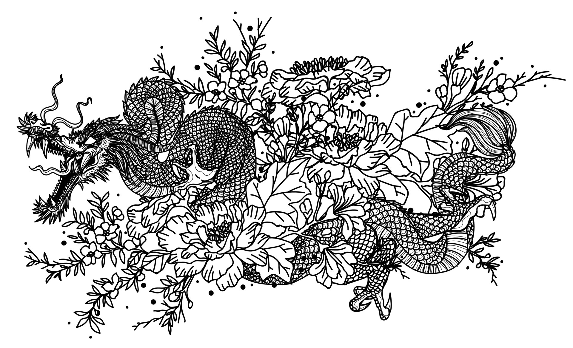 Tattoo art dragon and flower hand drawing sketch 6297637 Vector Art at