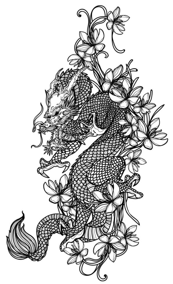 Tattoo art dragon and flower hand drawing sketch vector