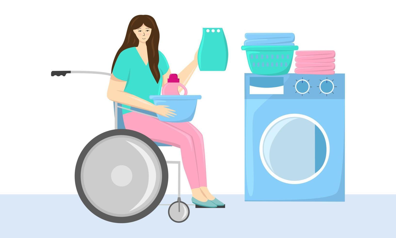 mujer discapacitada en silla de ruedas lavando ropa ilustración vectorial vector