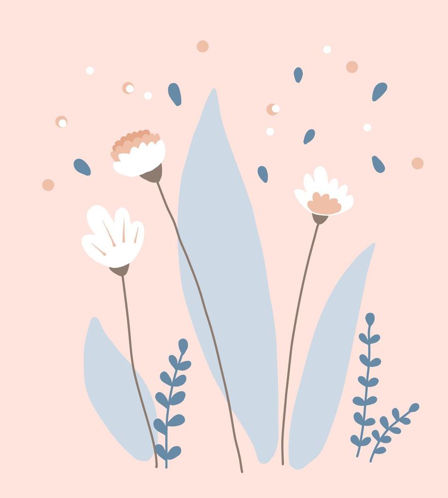 Set of spring flowers. Vector White flowers on a pink background.