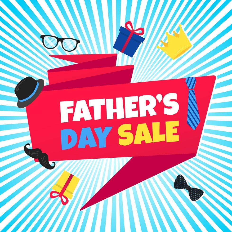 Father's day sale concept template flat style design vector illustration with big ribbon, text typography, gift boxes, hat, golden crown, mustaches, tie bow eye glasses and funny background.
