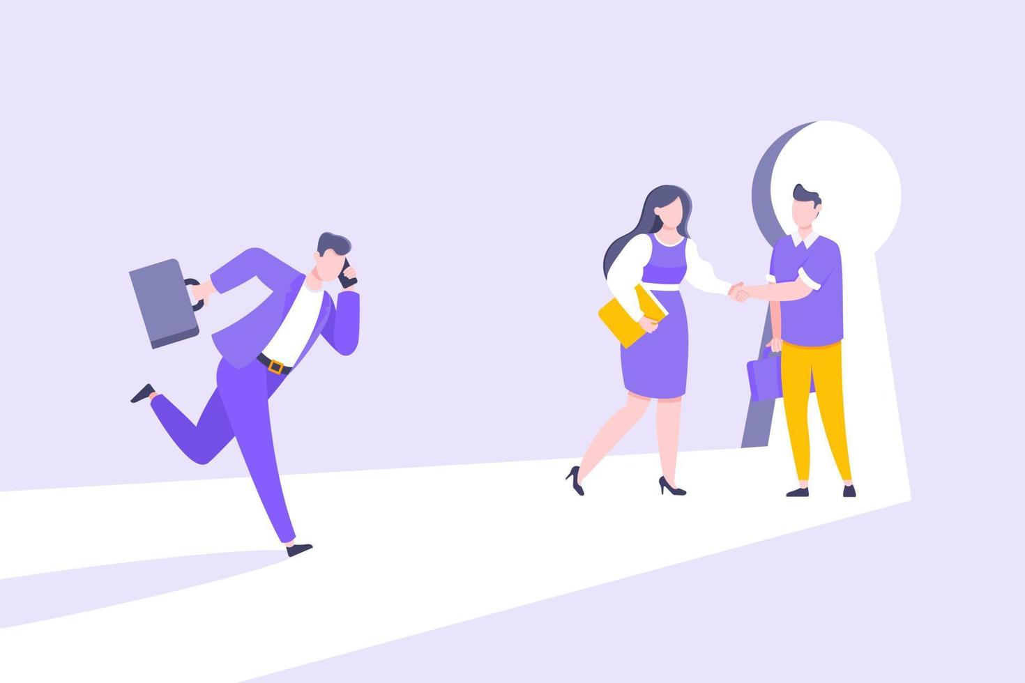 Business key opportunity concept with keyhole and ambitious man running to career potential. vector