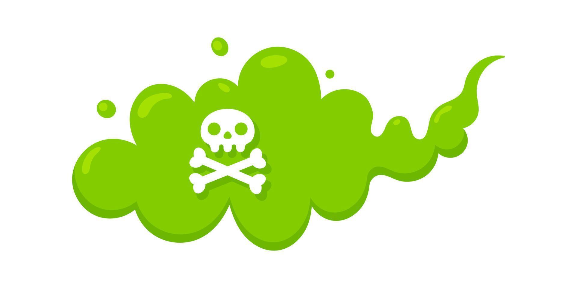 Smelling green cartoon fart cloud flat style design vector illustration with crossbone skull.