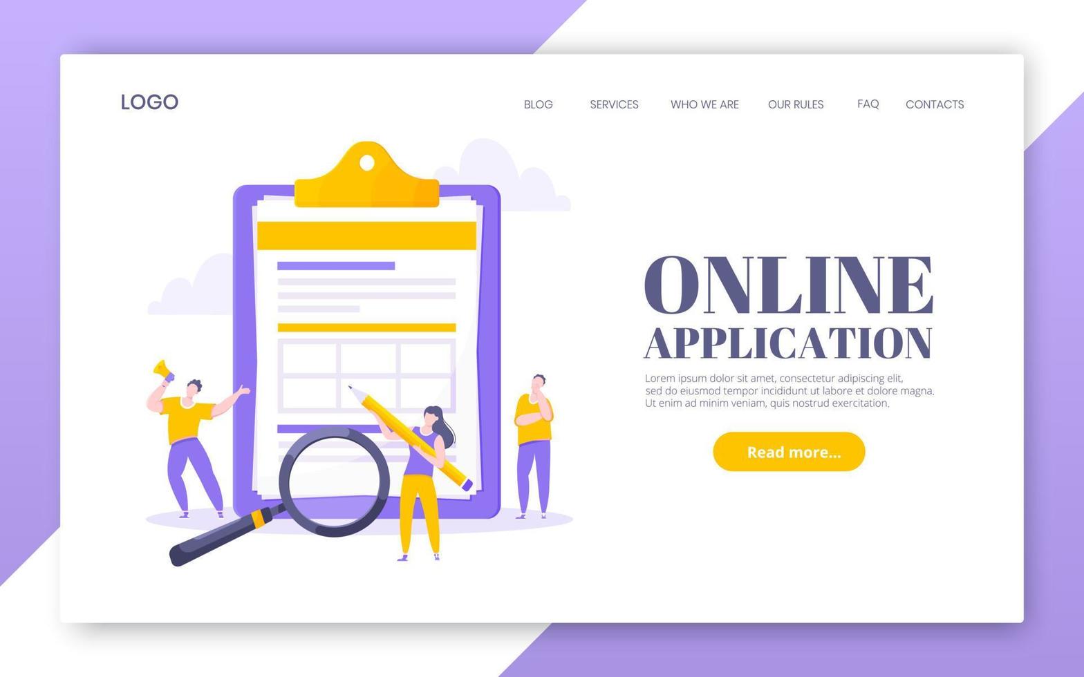Online survey form business concept with tiny person with megaphone, pencil nearby giant clipboard complete checklist. vector