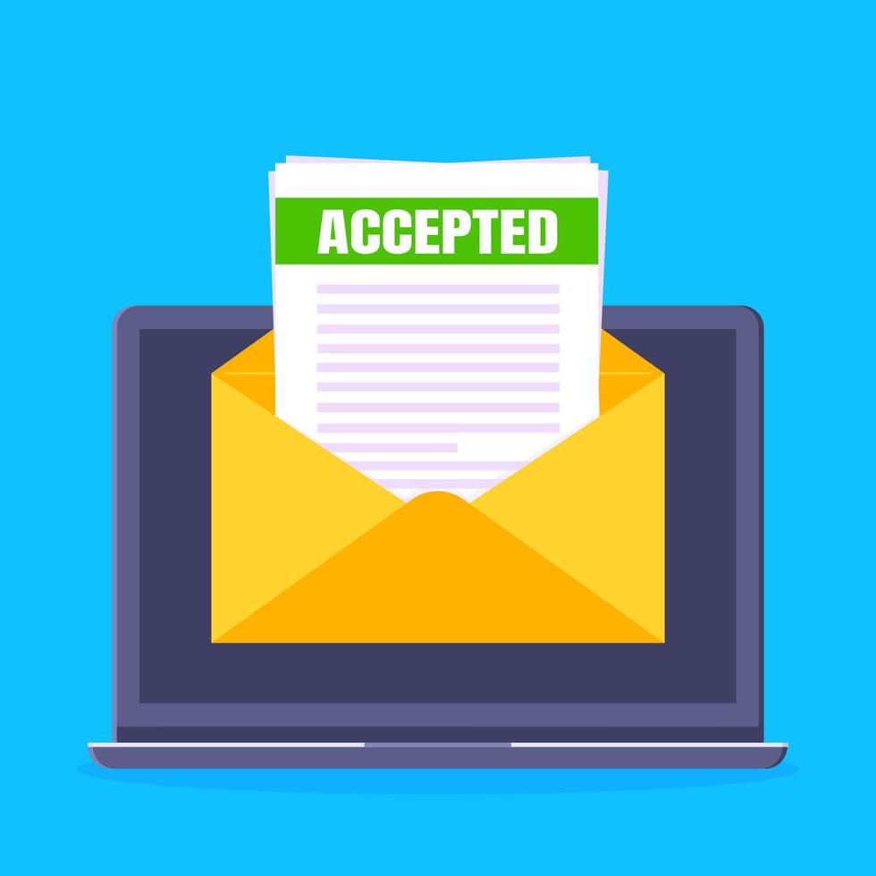 College or university acceptance letter with laptop screen, open envelope document email. vector