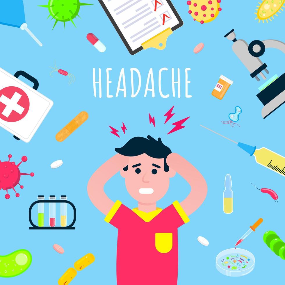 Man with headache spot pain symbol, medical painkiller drug medicine icon sign isolated on medical background flat style design vector illustration gradient version. Headache poster concept.