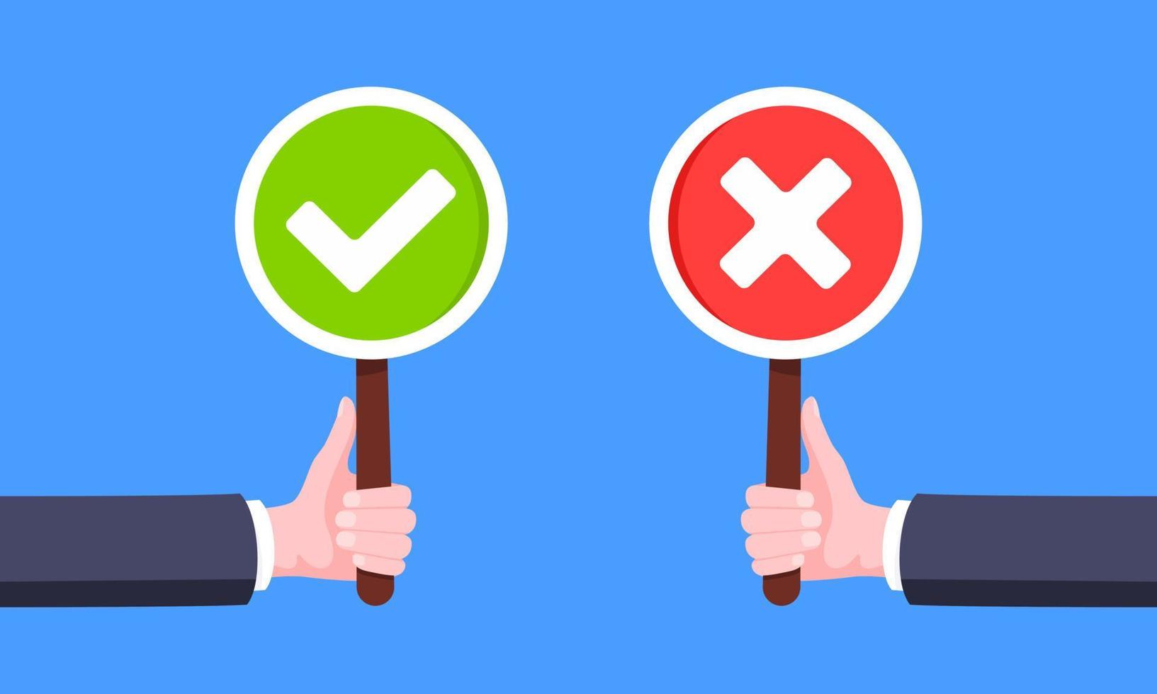 Hands hold check mark cross x and tick v round banner plate business concept flat style design vector illustration set.