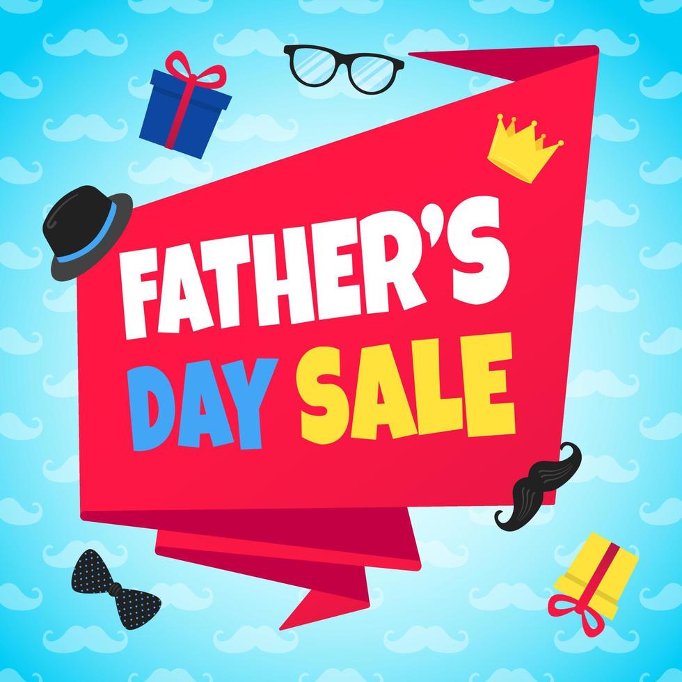 Father's day sale concept template flat style design vector illustration with big ribbon, text typography, gift boxes, hat, golden crown, mustaches, tie bow eye glasses and funny background.
