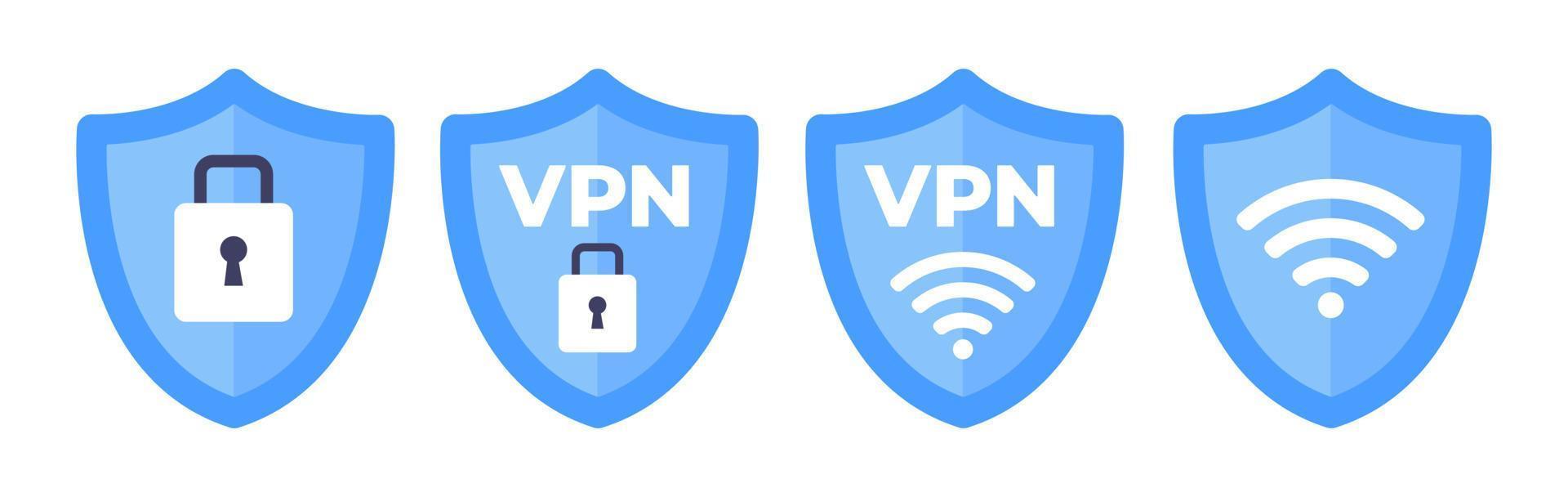 escudo inalámbrico vpn wifi icono signo diseño plano vector ilustración conjunto.