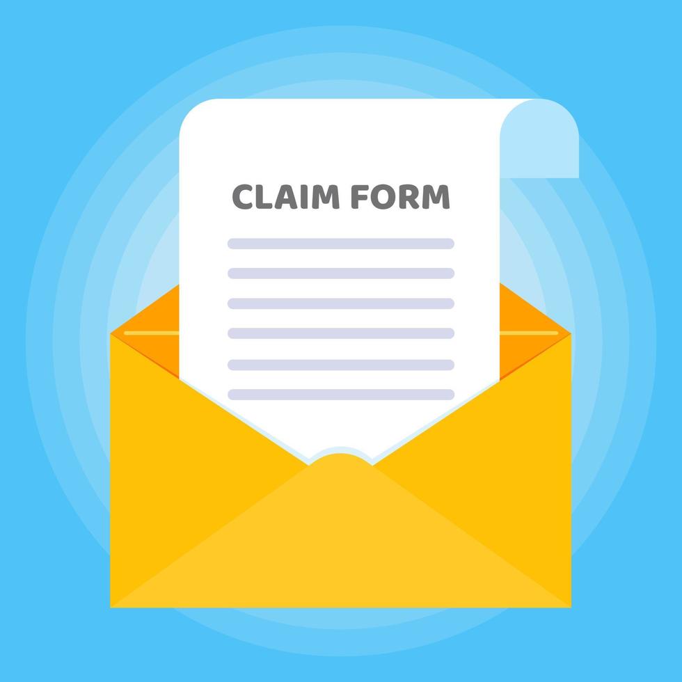 Paper sheet with claim form to fill out and text in the envelope vector