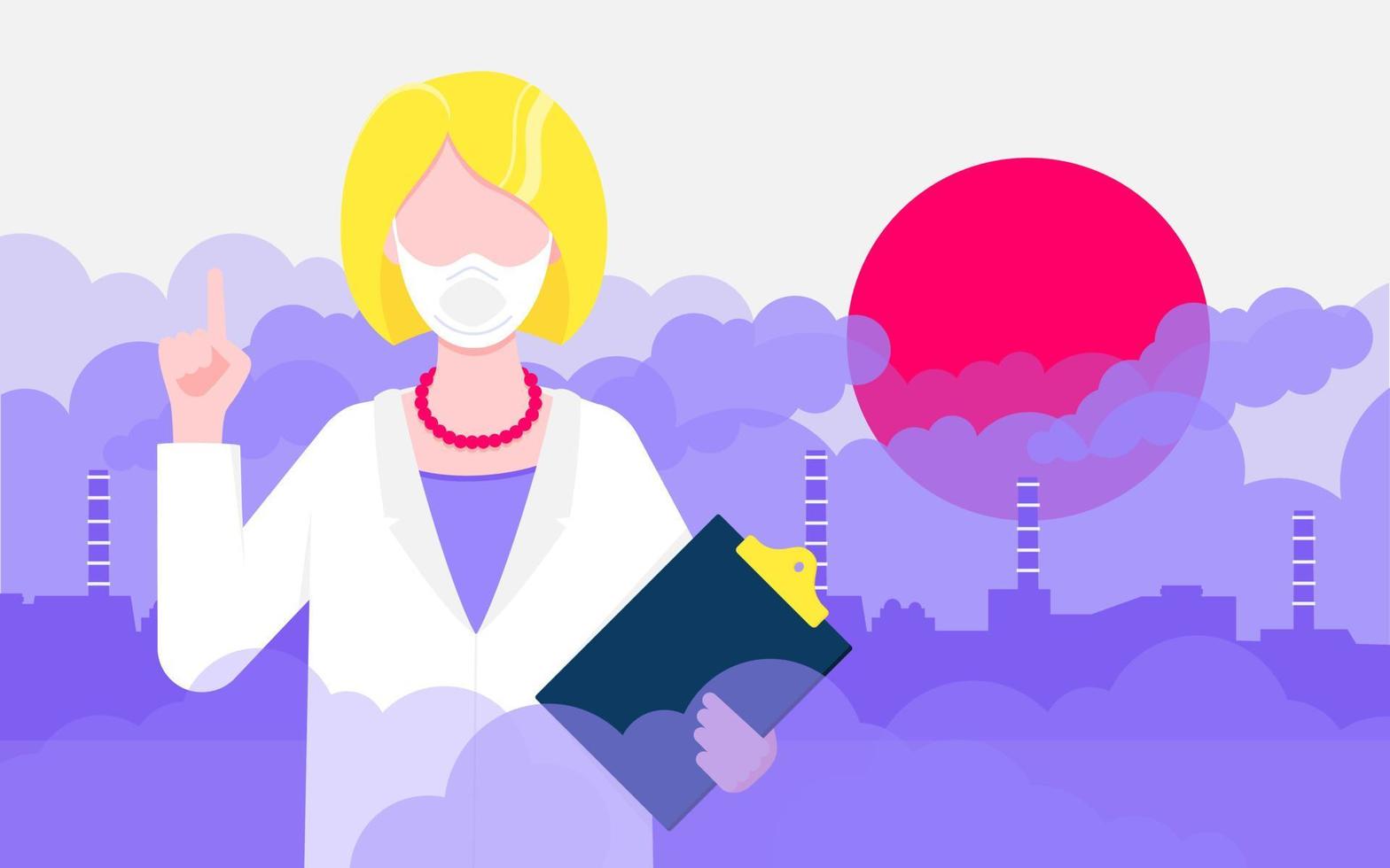 Confused woman doctor in mask against smog. vector