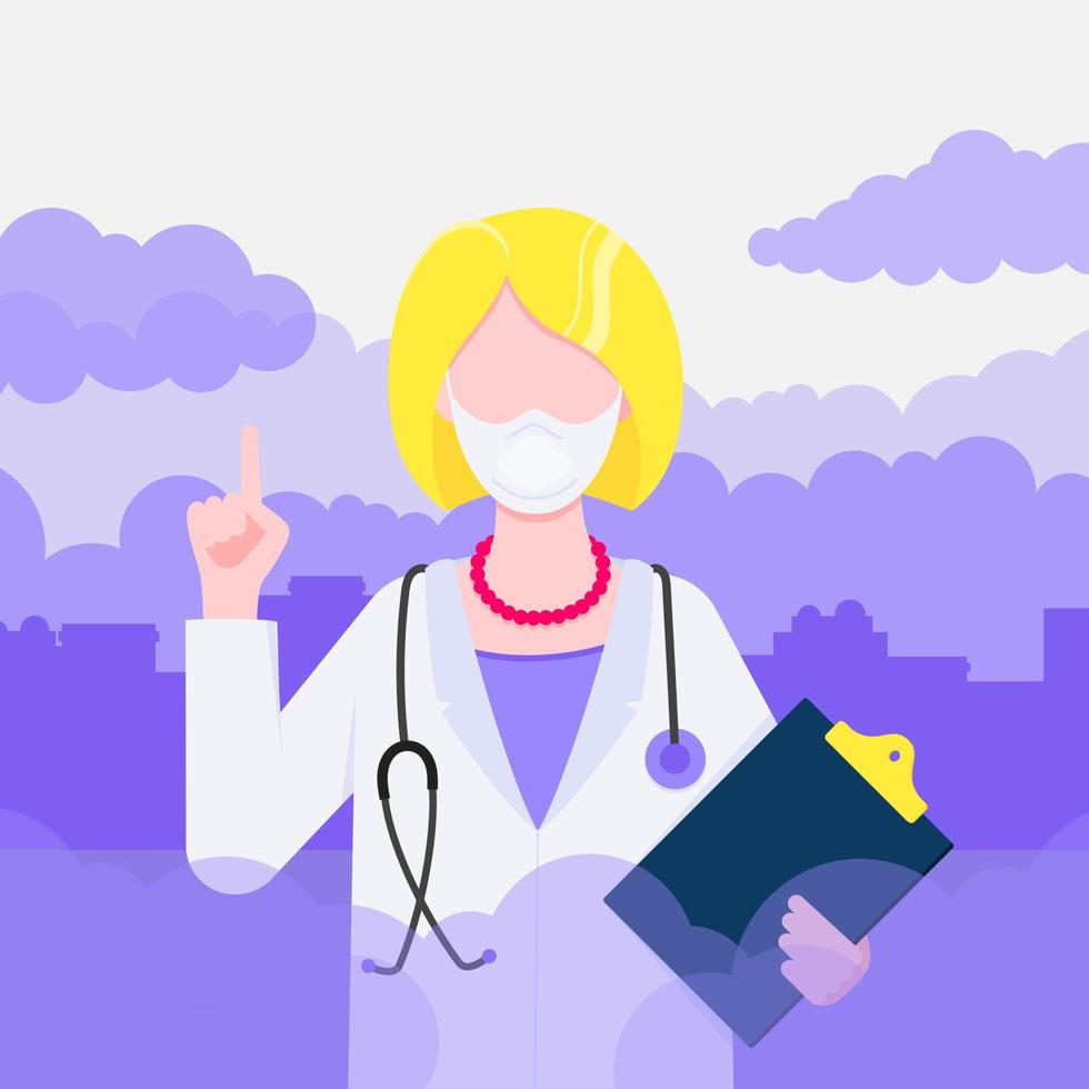 Confused woman doctor in mask against smog. vector