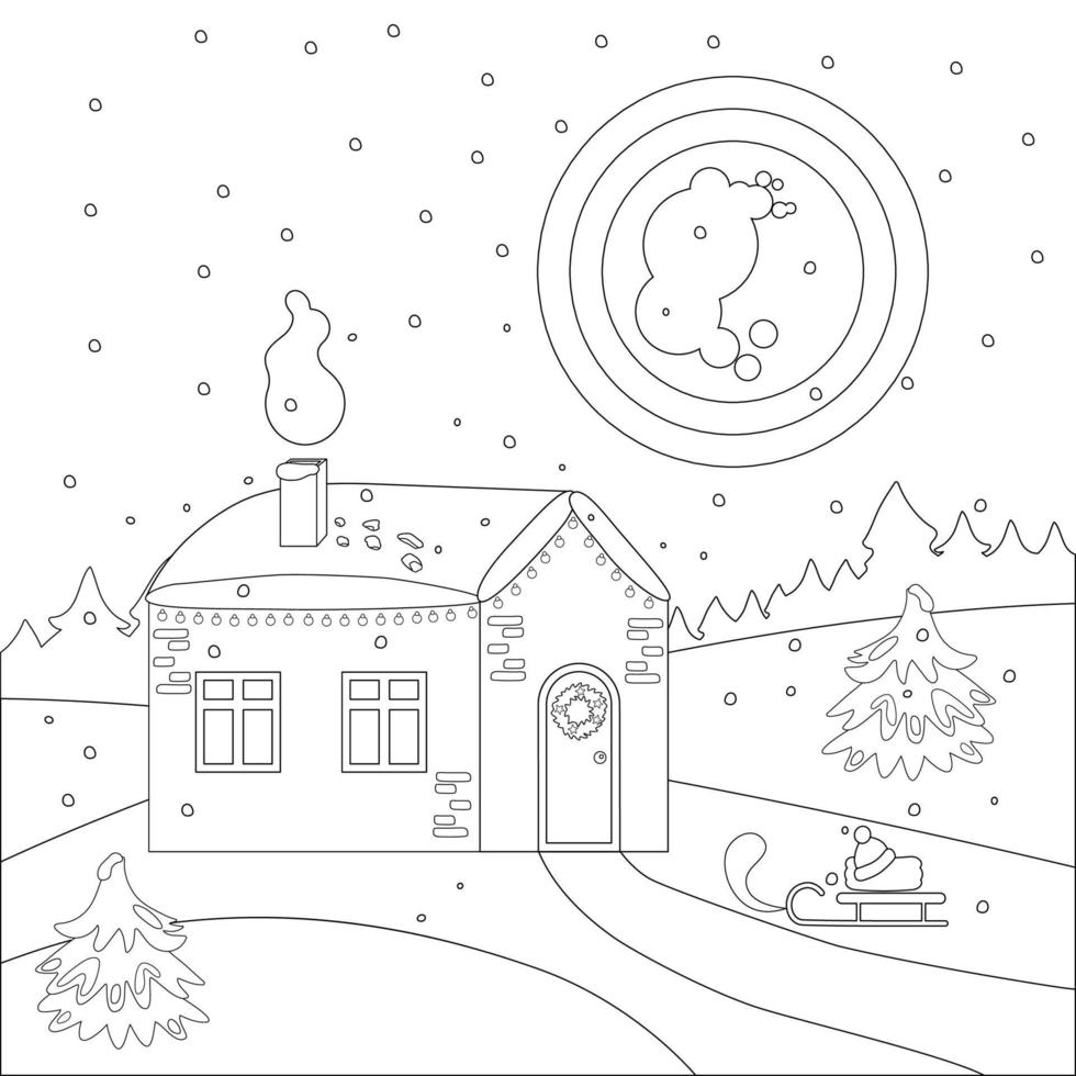Cozy New Year's house in the forest coloring book for children. Big moon, forest, fir trees and falling snow. Vector Christmas linear illustration.