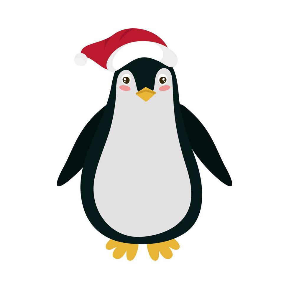 Christmas and New Year's card with a cute penguin in a red hat. Vector clipart, isolated illustration.