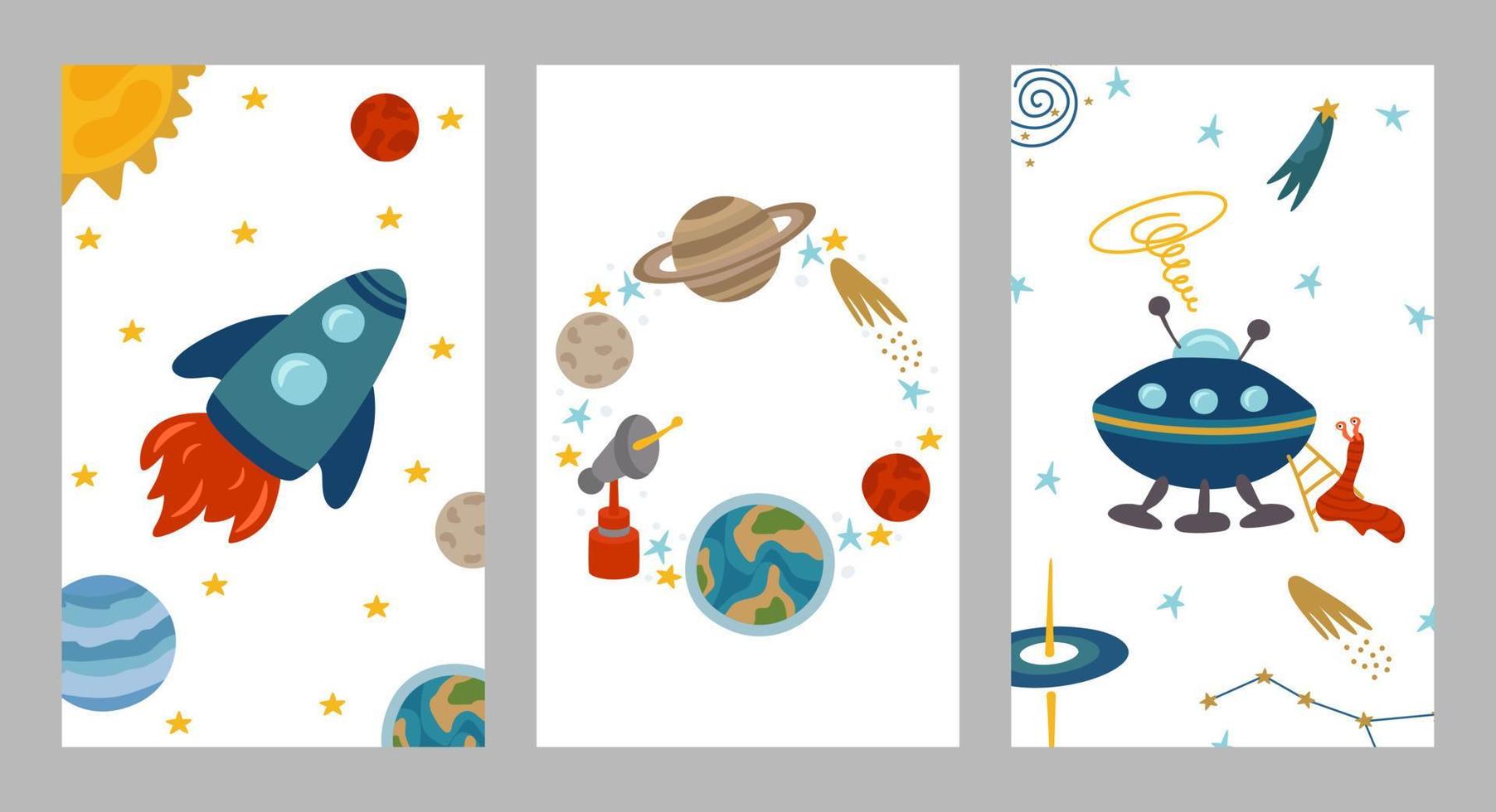 Set of space postcards for a party, themed birthday invitations. Colorful design for holidays with rocket, alien ship, planets, sun, earth, constellations, stars. vector