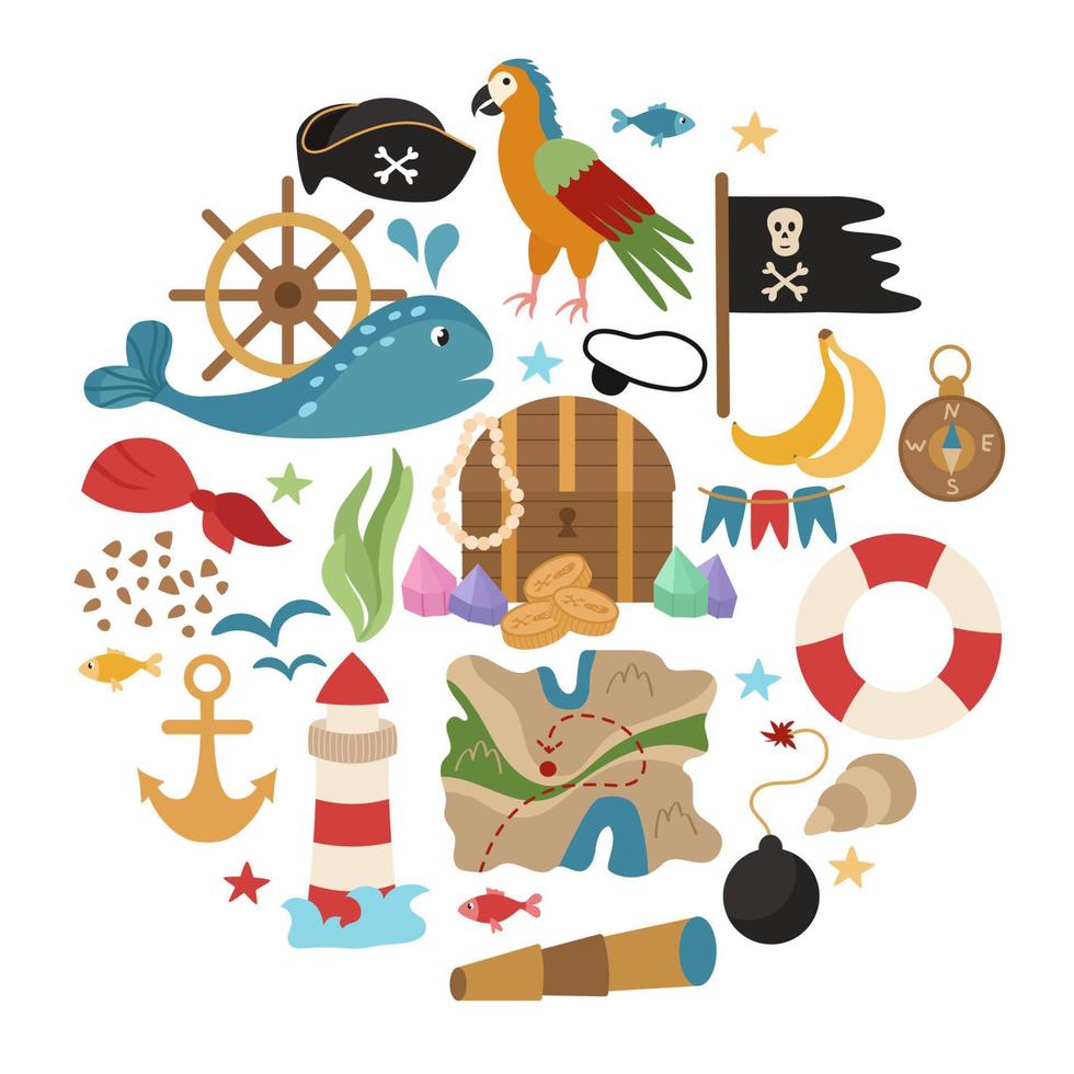 Pirate set of elements arranged in the shape of a circle. Flag, coins, saber, jewelry, map, fish, whale, lighthouse. Vector illustration of sea voyages and treasure hunting.