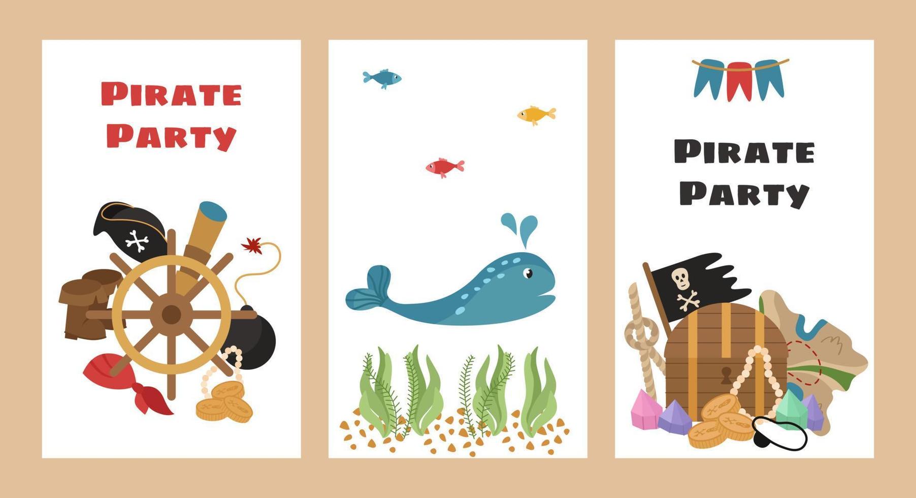 set de postales para una fiesta pirata, cumpleaños temático, travesías marítimas y caza del tesoro. colorido diseño marino para vacaciones con una inscripción. vector