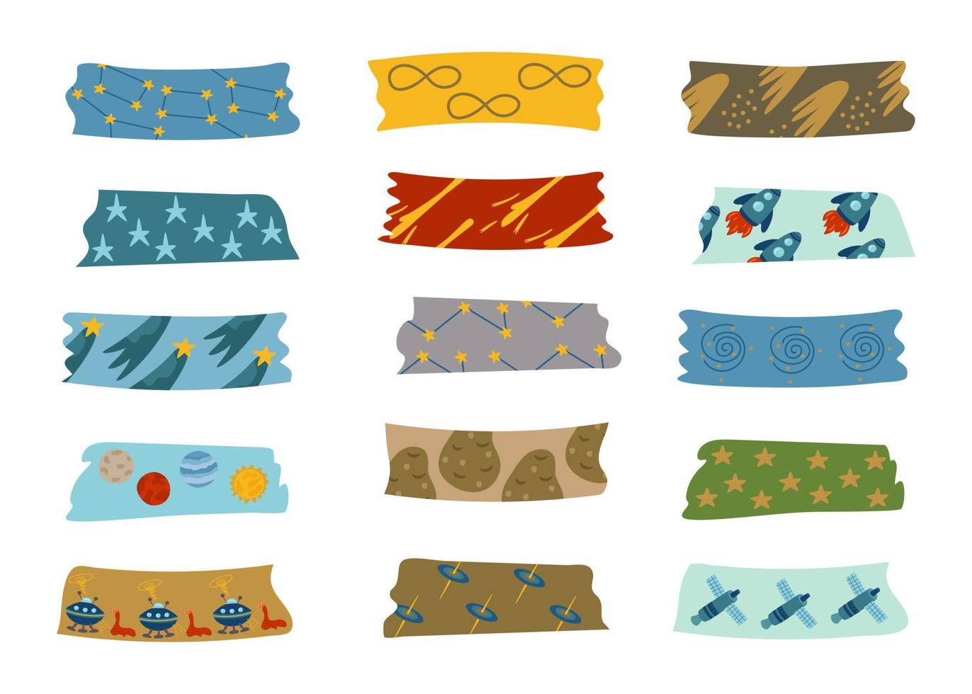 washi tapes es una colección espacial con cohetes, estrellas, cometas. para notas, organizador, planificador, scrapbooking. ilustración vectorial del universo en estilo de dibujos animados para decoración y diseño vector