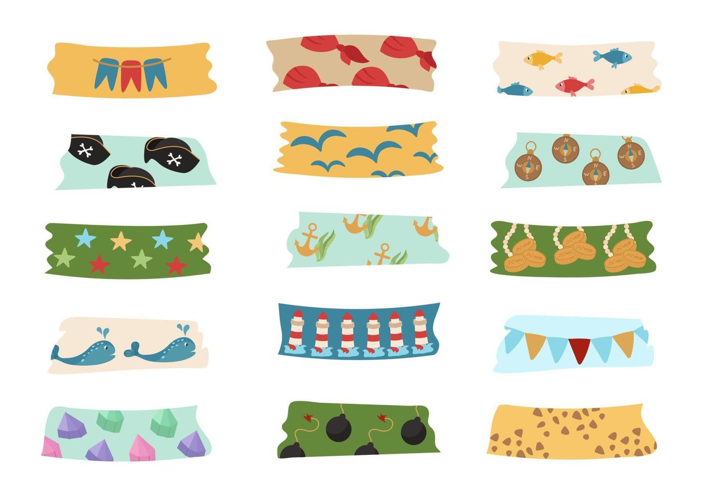 Washi tapes is a pirate collection with three-cornered treasures, fish, bombs, lighthouses. For notes, organizer, planner, scrapbooking. Vector illustration of adventures in cartoon style
