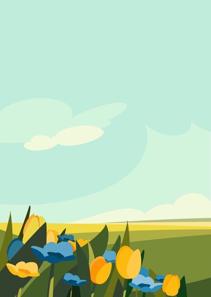 Blue and yellow flowers on the meadow. Natural scenery in portrait format. vector