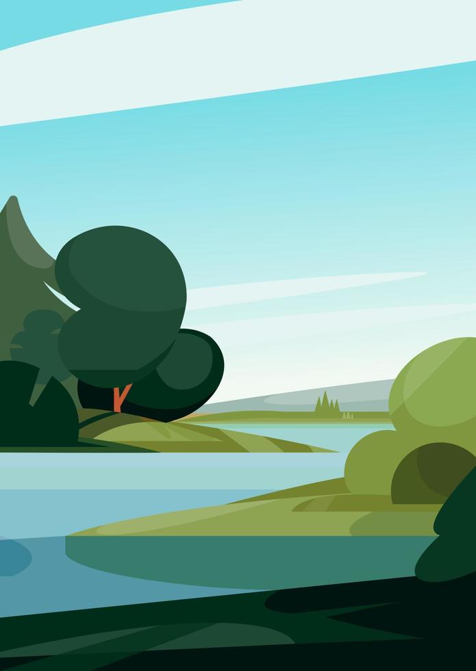 paisaje de verano con río. paisaje natural en formato retrato. vector