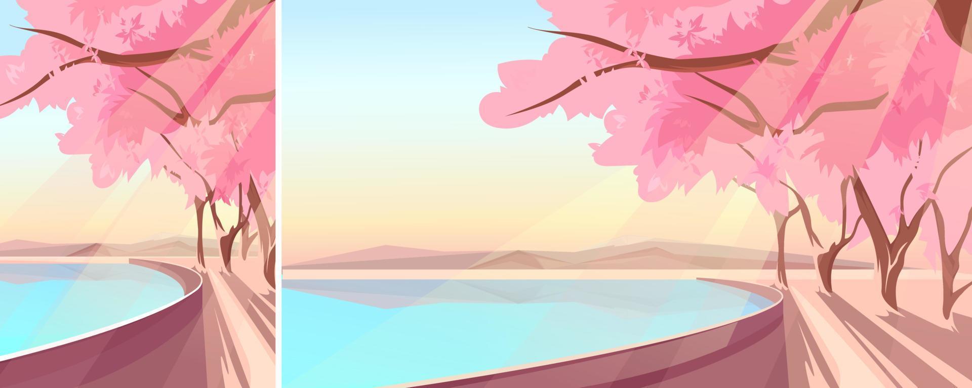 sakura floreciente en la orilla del lago. paisaje natural en diferentes formatos. vector