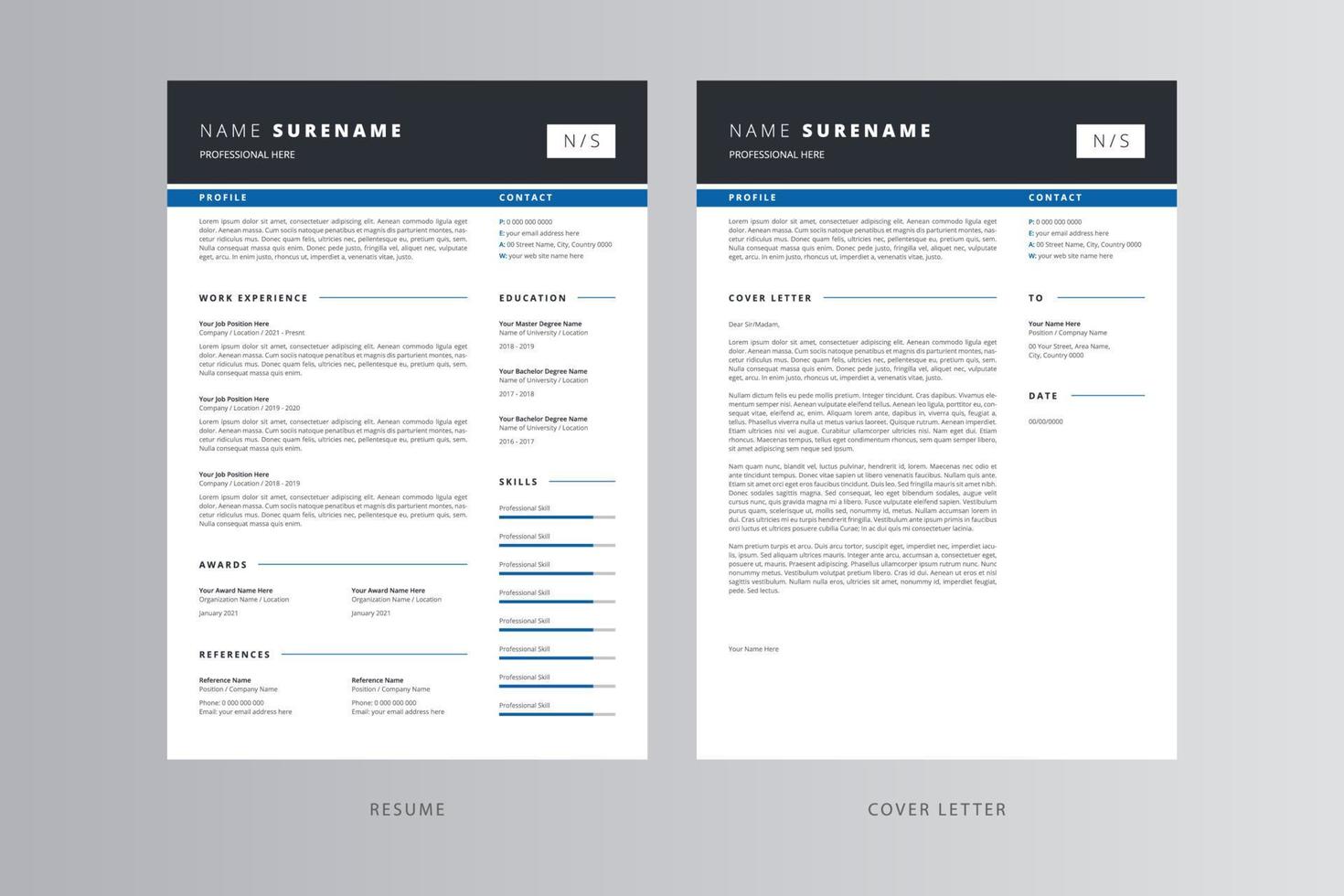 currículum profesional y plantilla de carta de presentación. vector profesional