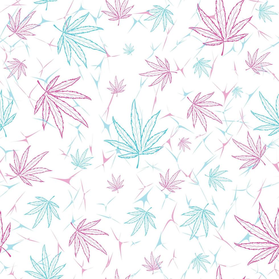Ganja and rasta seamless pattern with neon pink and blue marijuana leaves. Repeat background with narcotic and psychedelic cannabis and hemp. vector