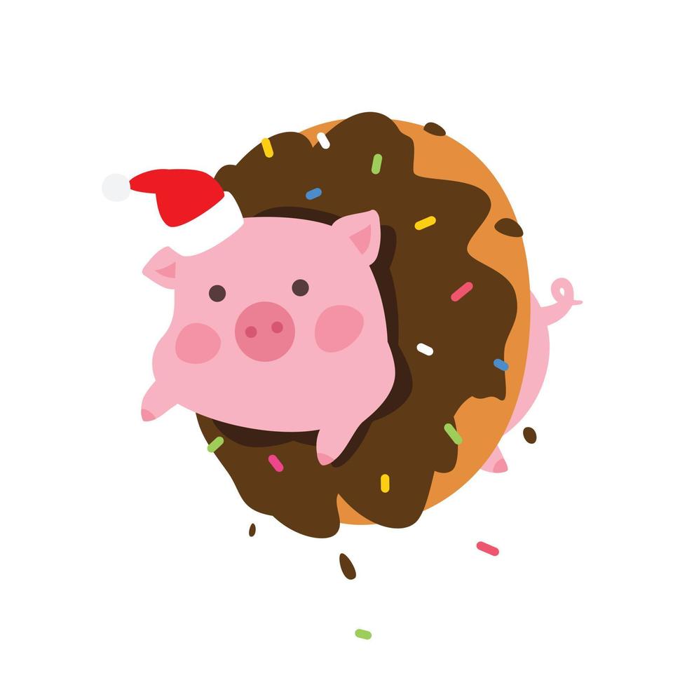 Illustration of a cartoon pig in a donut. Vector. Pork in Santa Claus cap looks out of a donut. New Year's mascot. Character to pack. Symbol of 2019. vector