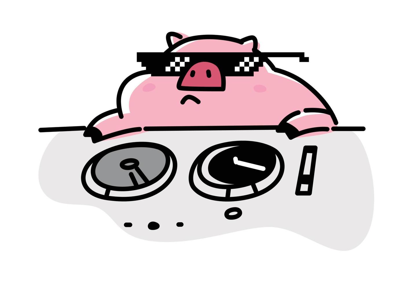 Illustration of a fashionable pig in pixel glasses. Vector. Flat style. Pig DJ, meme. Character for animation. Comic web postcard. vector