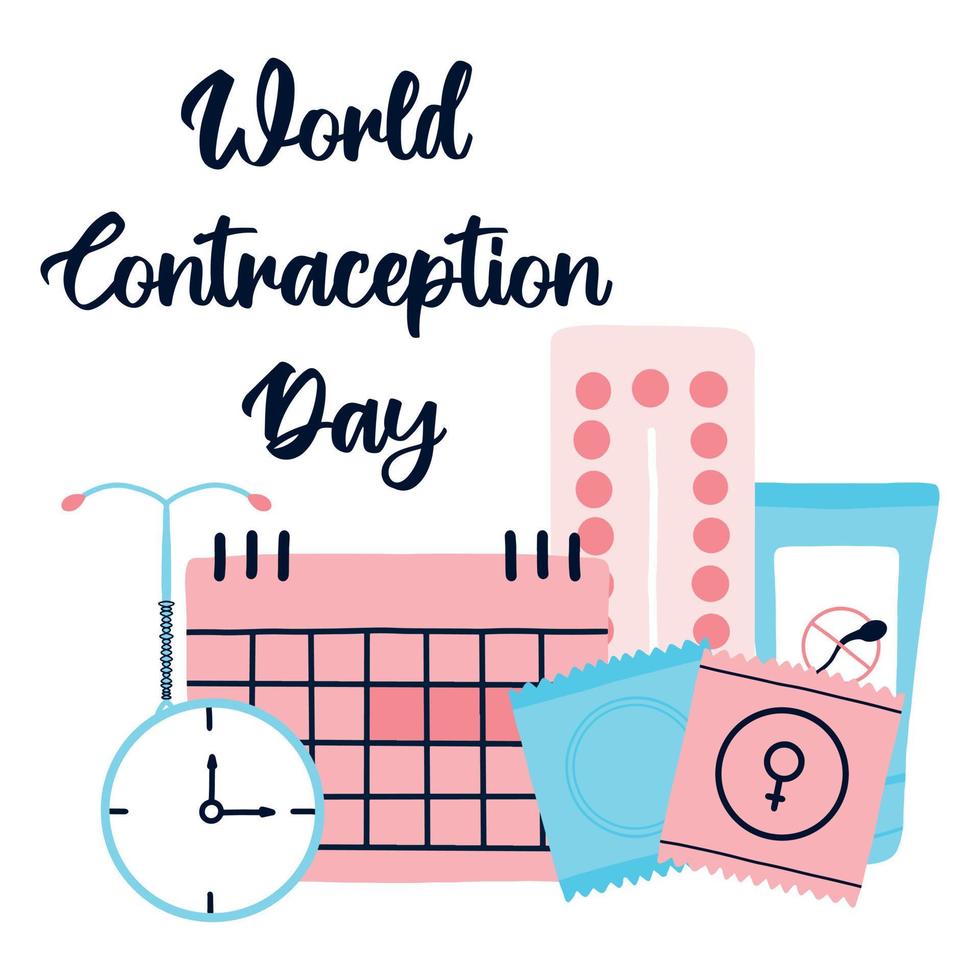 World Contraception Day 26 September. The concept of awareness of contraceptive methods in the field of sexual and reproductive health. Safe sexual behavior, birth control. Types of contraception. vector