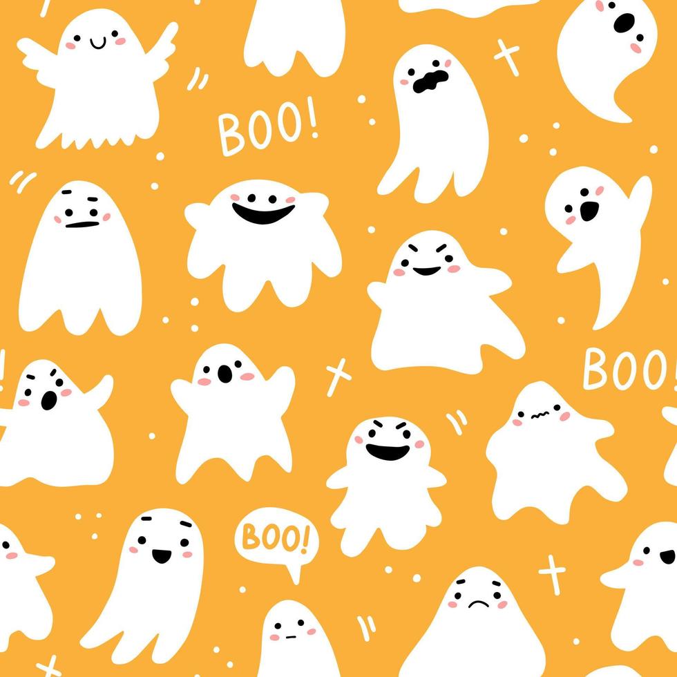 Seamless pattern with cute ghosts and lettering in cute cartoon doodle style on a yellow background. Vector illustration background for halloween.