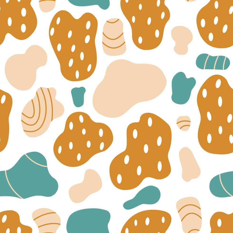 Seamless abstract pattern with different shapes in a limited palette. Vector illustration. Background with abstract shapes, stripes, dots.