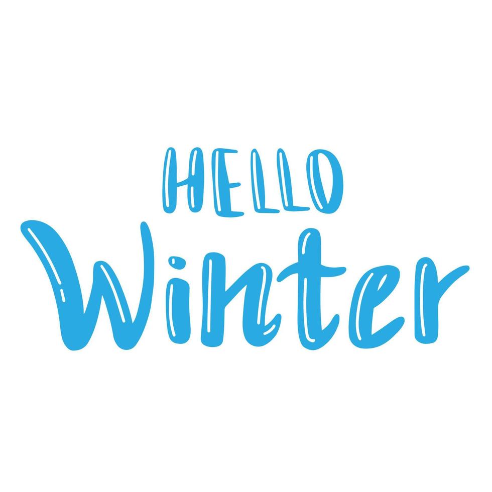 Hello winter lettering in cartoon style. Vector text illustration. Happy new year and merry christmas.