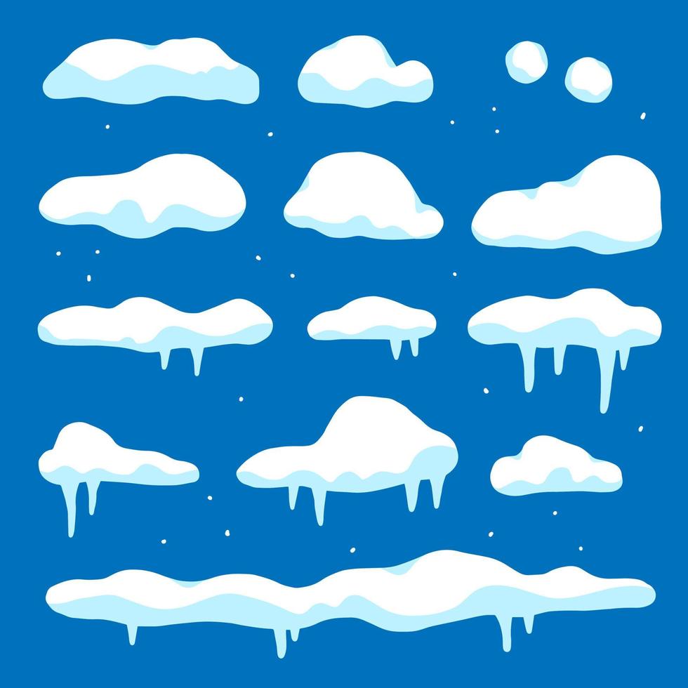 A set of snow caps, drifts, snowballs. Winter decor element. Snow elements for design. Vector illustration isolated on background.