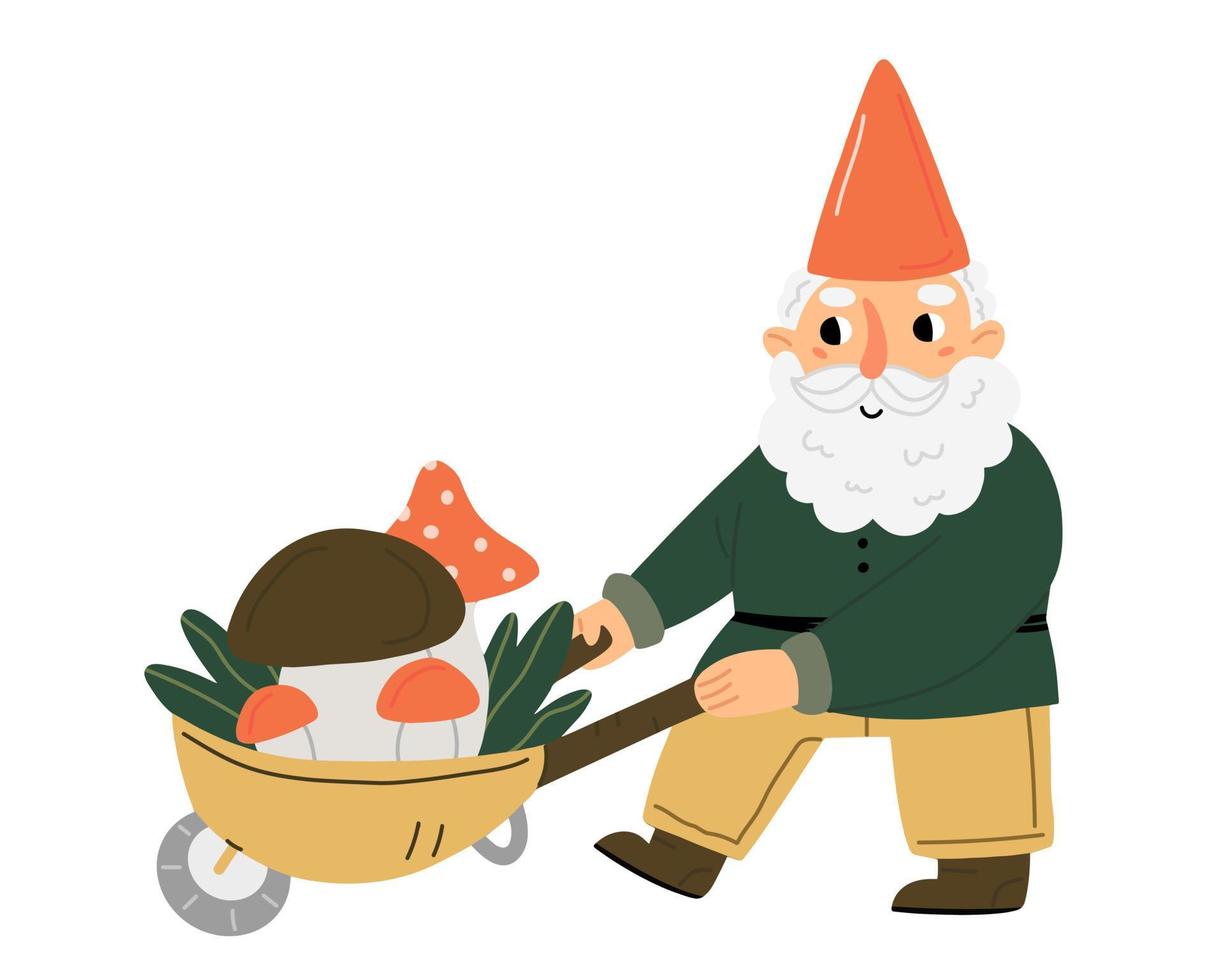 A cute little garden gnome or dwarf carrying a cart of mushrooms. Vector illustration with fairytale character in cute cartoon flat style.