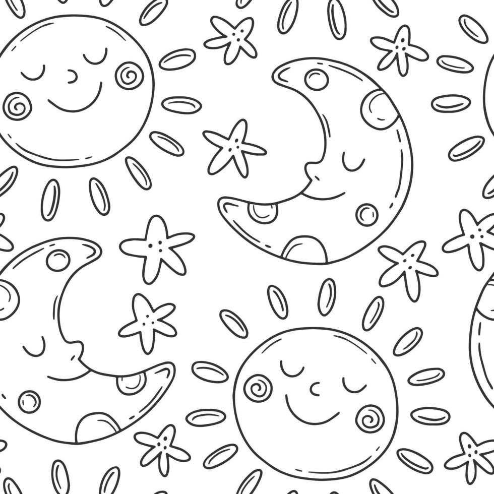 Black and white childish seamless pattern with sun and crescent moon and stars in cute doodle style. Vector baby illustration.