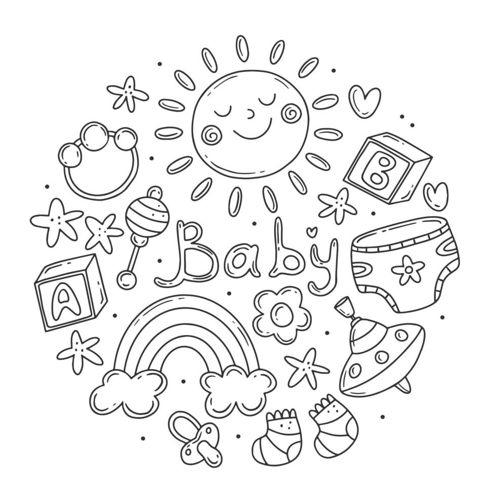 Black and white set with elements on the theme of the birth of a child in a simple cute doodle style in the form of a circle. Vector baby illustration isolated on background.