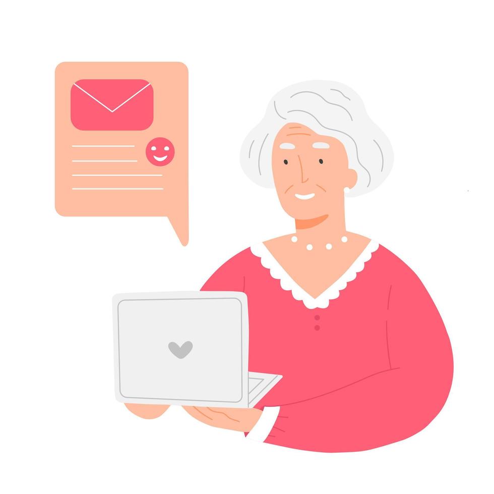 Happy grandmother communicates in a laptop. Elderly woman with laptop. Vector illustration in pink with human character.