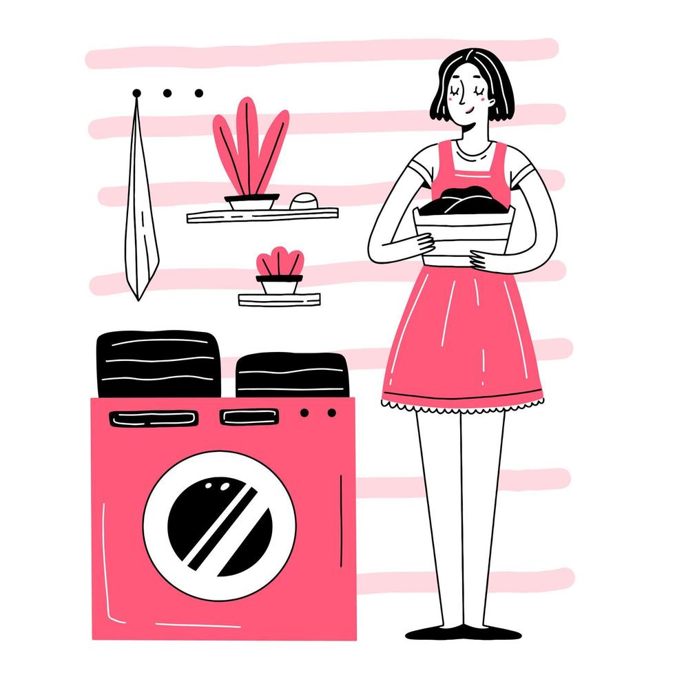 Happy woman in the laundry. Smiling girl is going to wash clothes. Vector illustration with character.