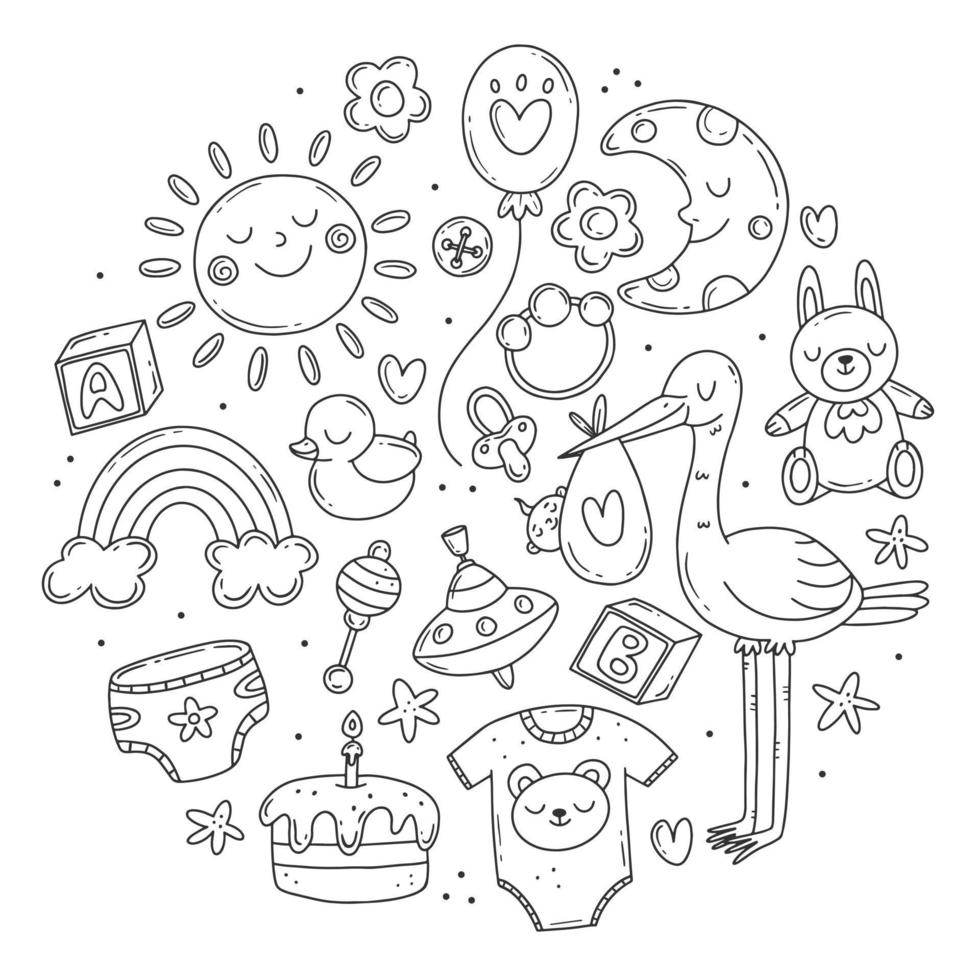 Set with black and white elements on the theme of the birth of a child in a simple cute doodle style in the form of a circle. Vector baby illustration isolated on background.