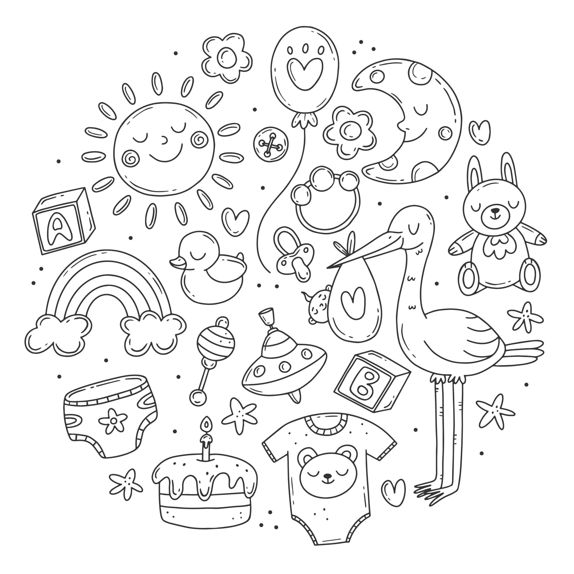 Set with black and white elements on the theme of the birth of a child