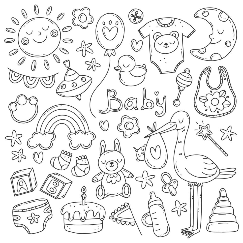 Black and white set with elements on the theme of the birth of a child in a simple cute doodle style. Vector childrens illustration isolated on background.