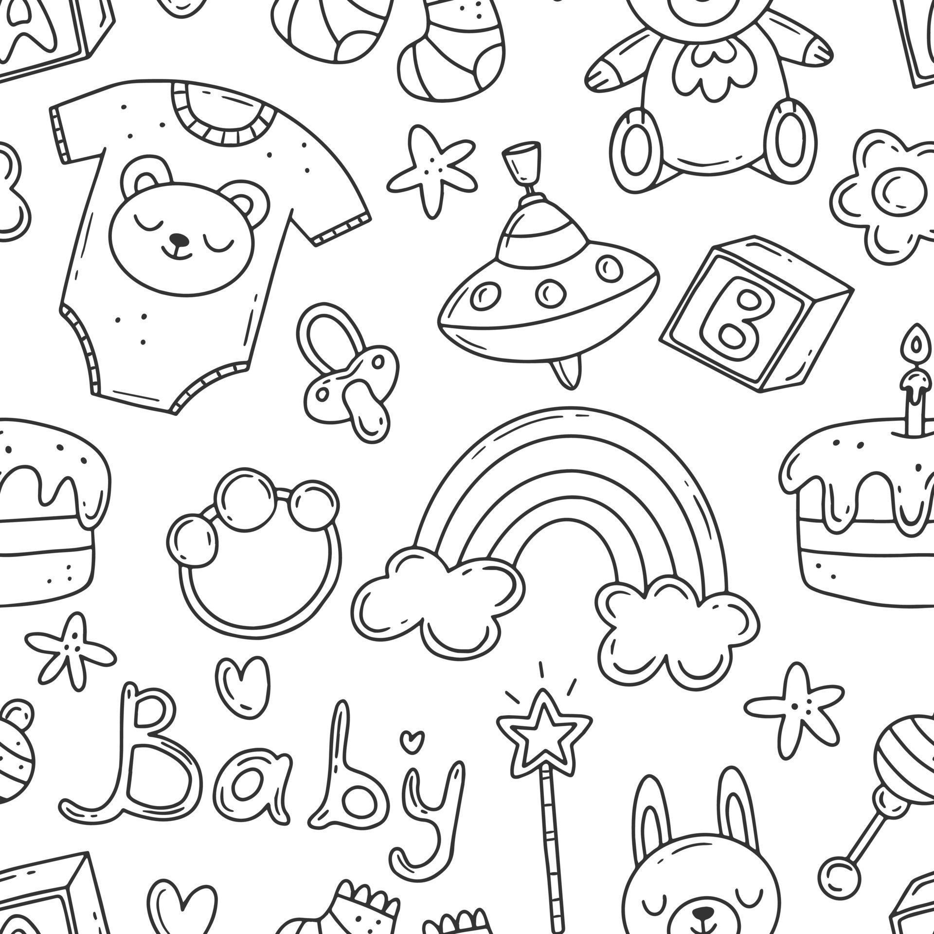 Black and white vector seamless pattern with cute doodle elements on