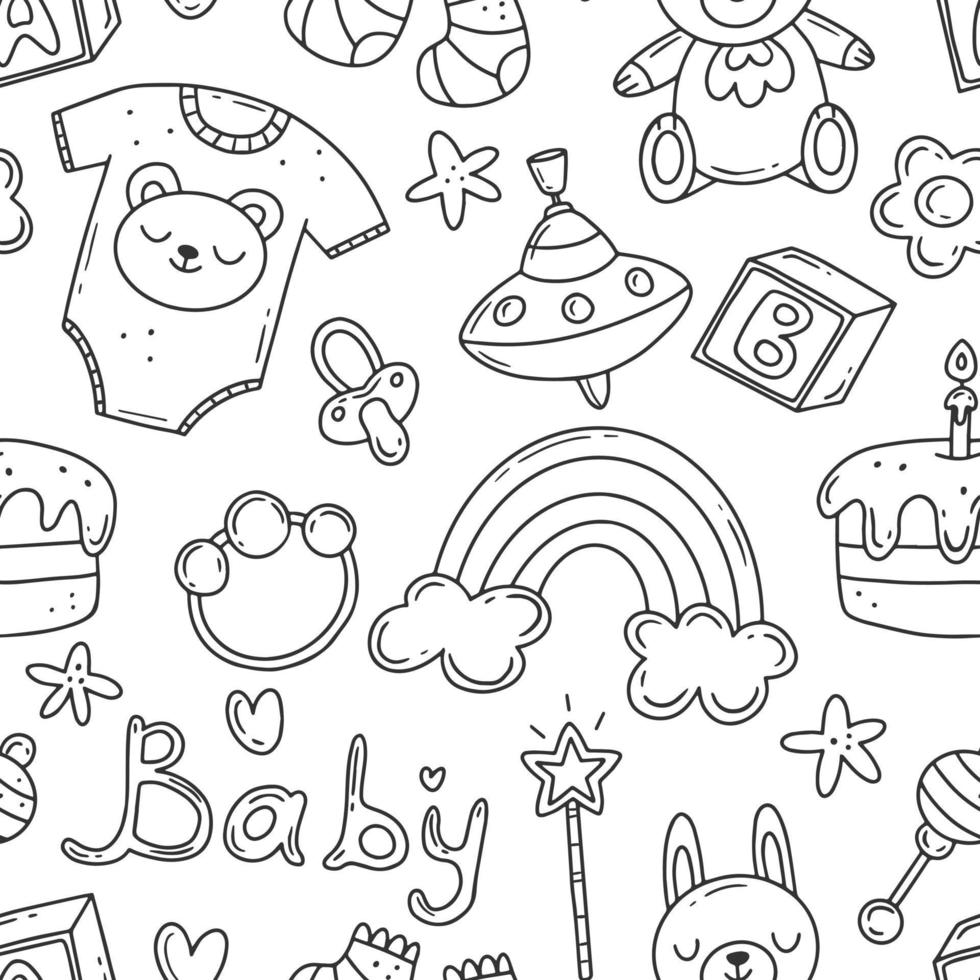 Black and white vector seamless pattern with cute doodle elements on the theme of the birth of a child. Vector baby print.