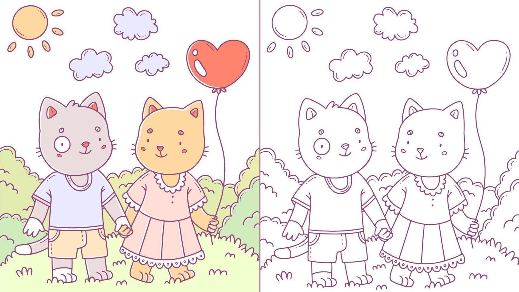 Children's cartoon coloring book with a couple of cats in love on a walk. Vector illustration.