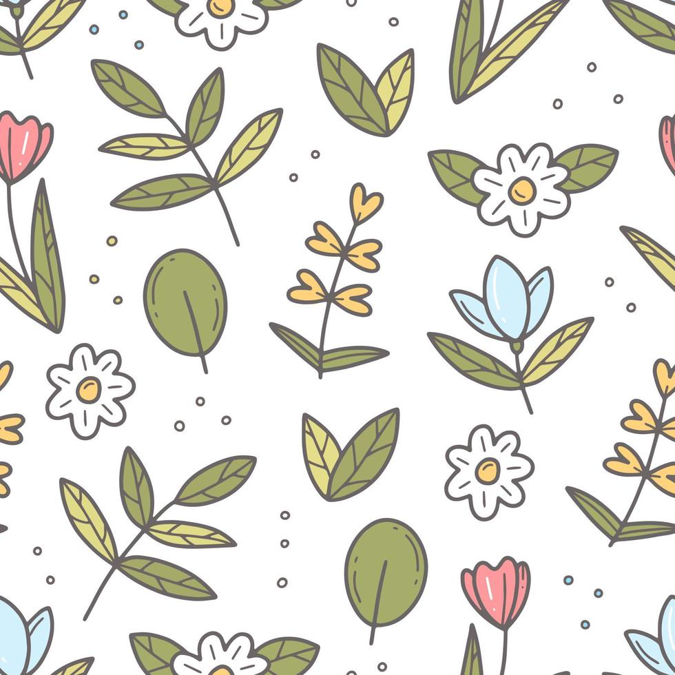 Spring seamless doodle pattern with flowers. Vector illustration background.